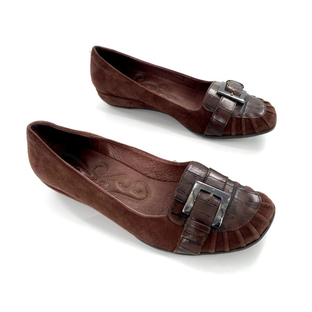 Clarks Artisan Womens Flats Croc‎ Embossed Buckle Detail Brown Suede Sz 7.5